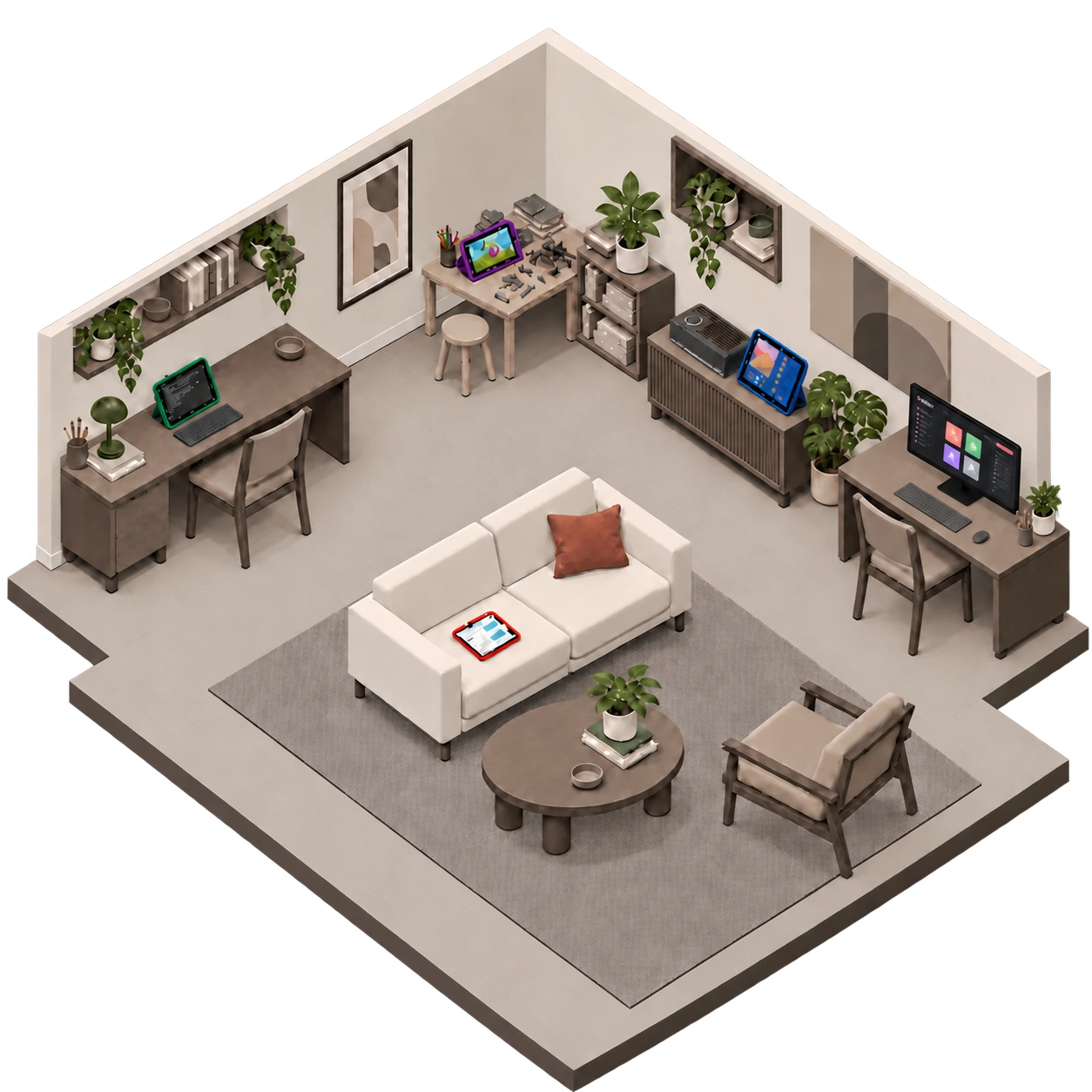 An isometric living room with four coloured tablets for music, messages, kids and typing, plus a desktop computer running Mother.